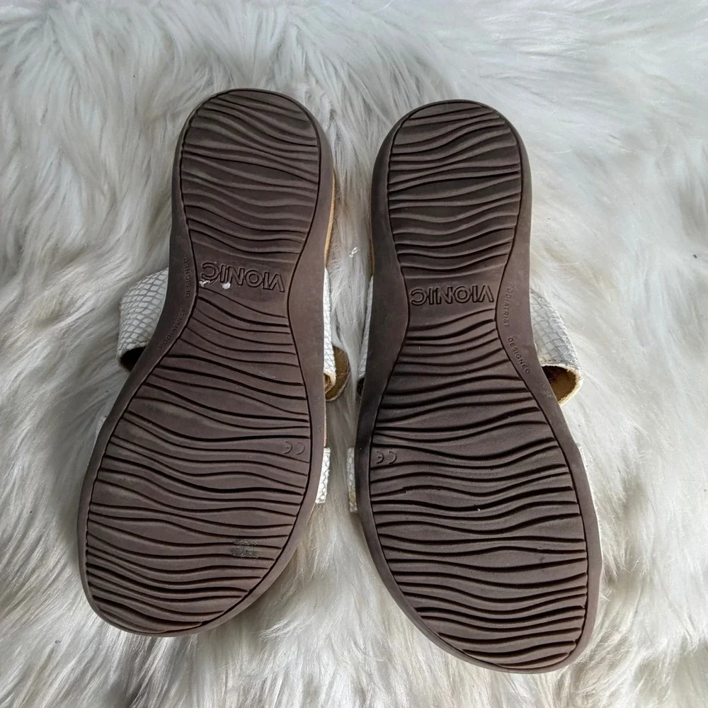 Vionic Skylar White Snakeskin Embossed Leather Slide Sandals‎ 8 Buckle Orthotic